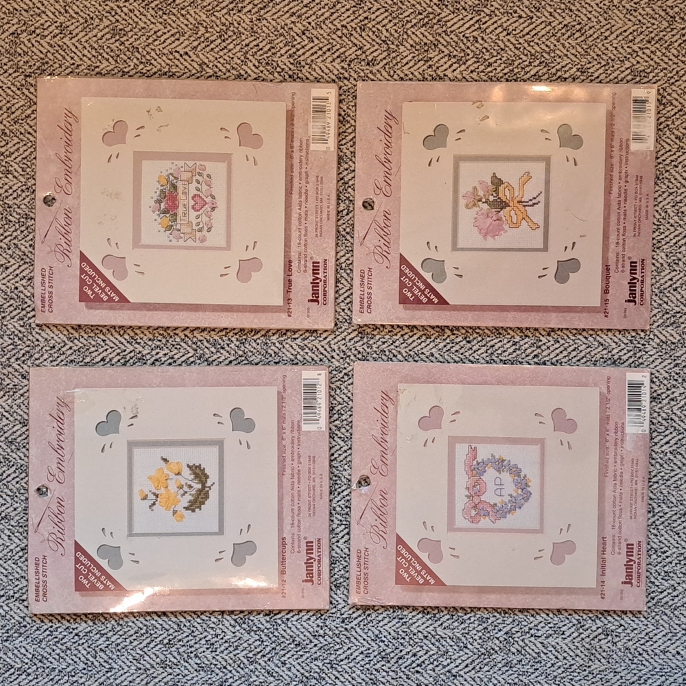 Lot of 4 Janlynn Embellish Cross Stitch Ribbon Embroidery Kits NOS